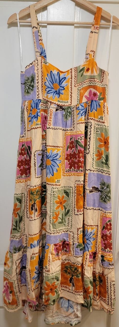 Paper Heart Anthropologie Floral Stamp Postcard Linen-Blend Maxi Dress - Small
